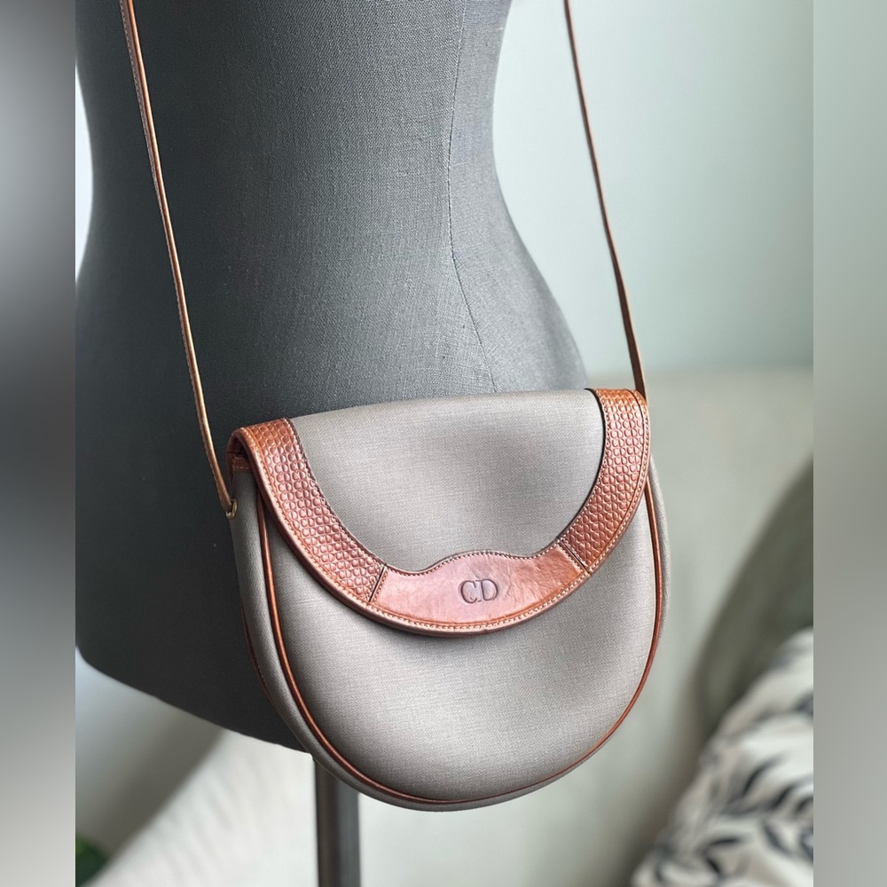 Christian Dior Gray Crossbody Bag with Brown Leather Trim EUC - Picture 4 of 15